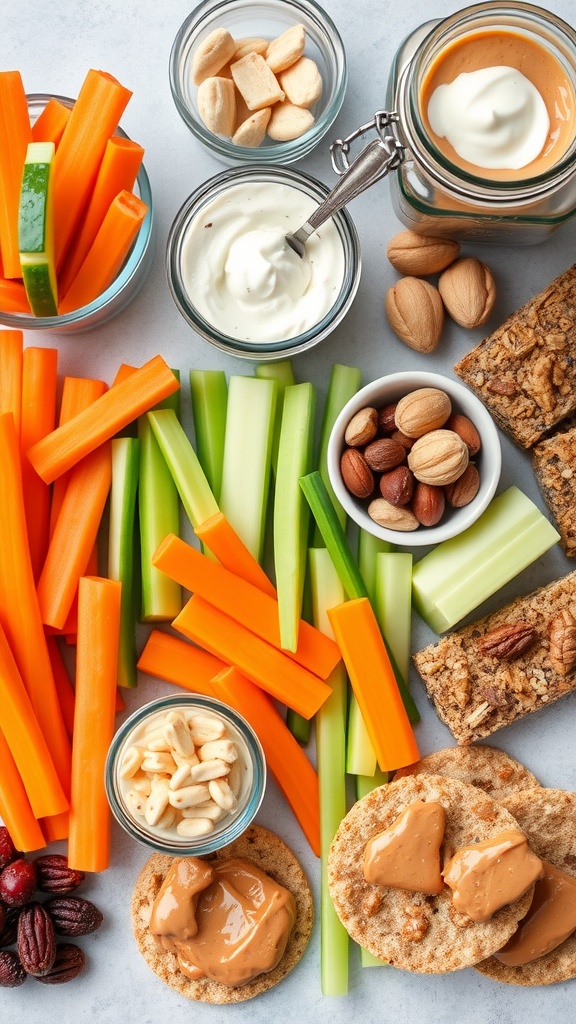 A colorful assortment of prepared snacks including vegetables, dips, nuts, and bars on a wooden table.